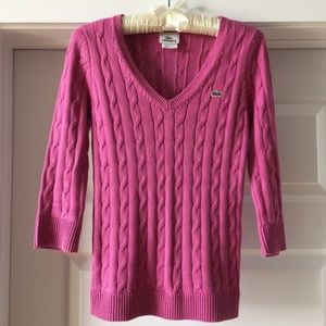 Lacoste V Neck Cable Knit Pink Sweater size 34